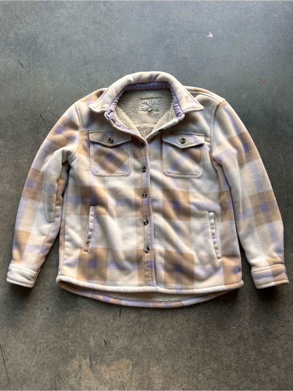 Sage Collective Sherpa Lined Plaid Fleece Shacket Cream Lavender S